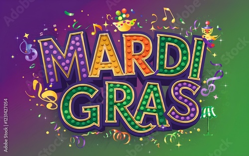 Mardi Gras Carnival text in vibrant font with gold outline on colorful parade background