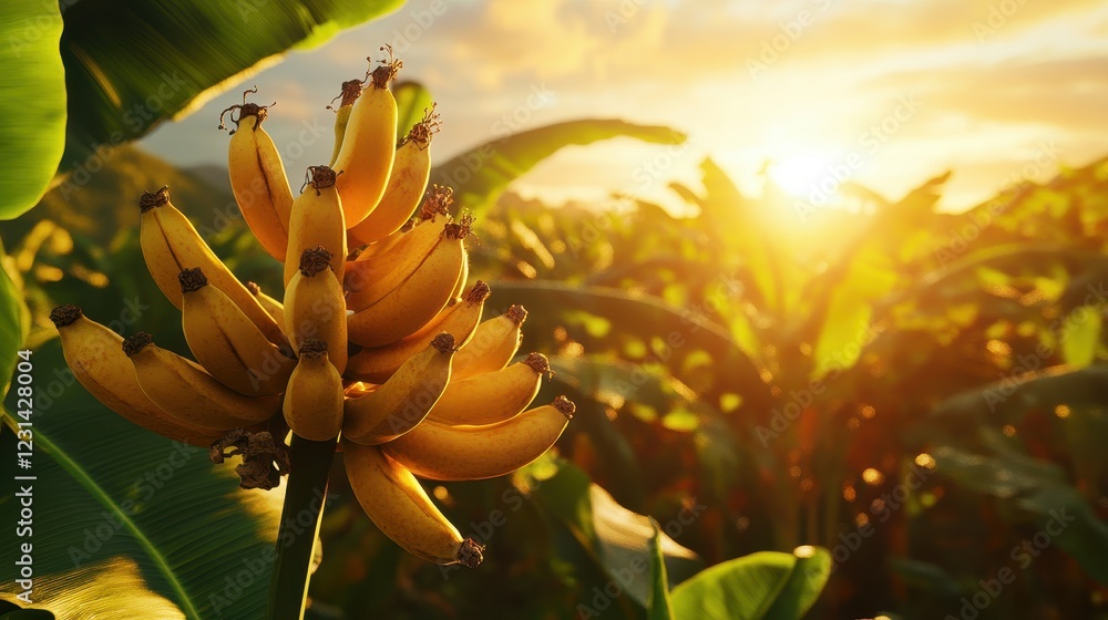 Obraz premium Ripe Bananas Cluster Surrounded by Lush Green Foliage at Sunset