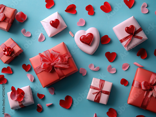 Valentine’s Day presents surrounded by delicate rose petals