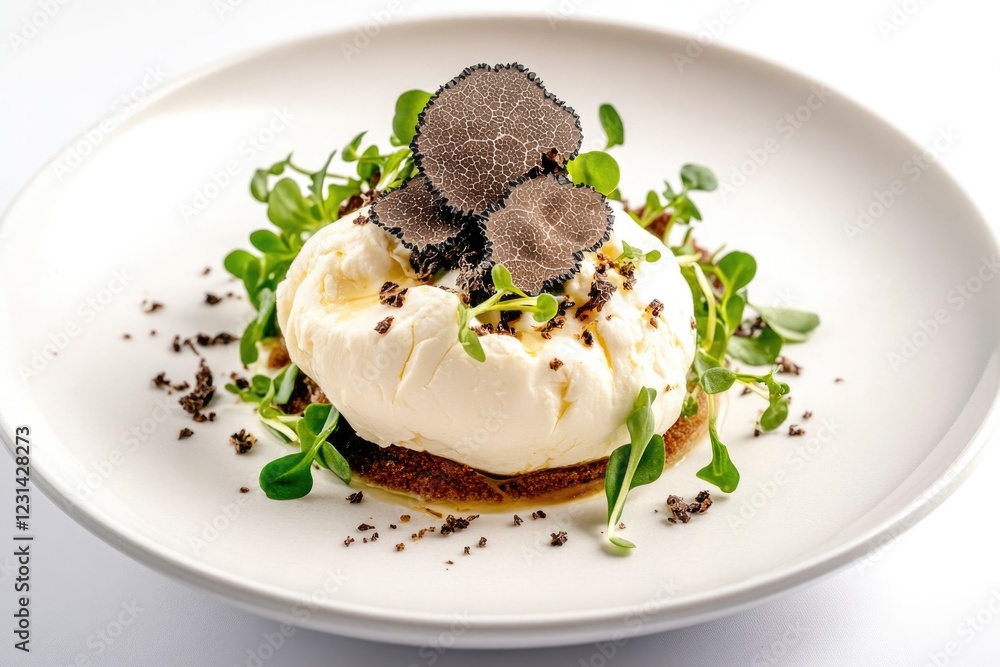 Delicate dish featuring creamy texture topped with fresh truffle Delicate dish featuring creamy texture topped with fresh truffle