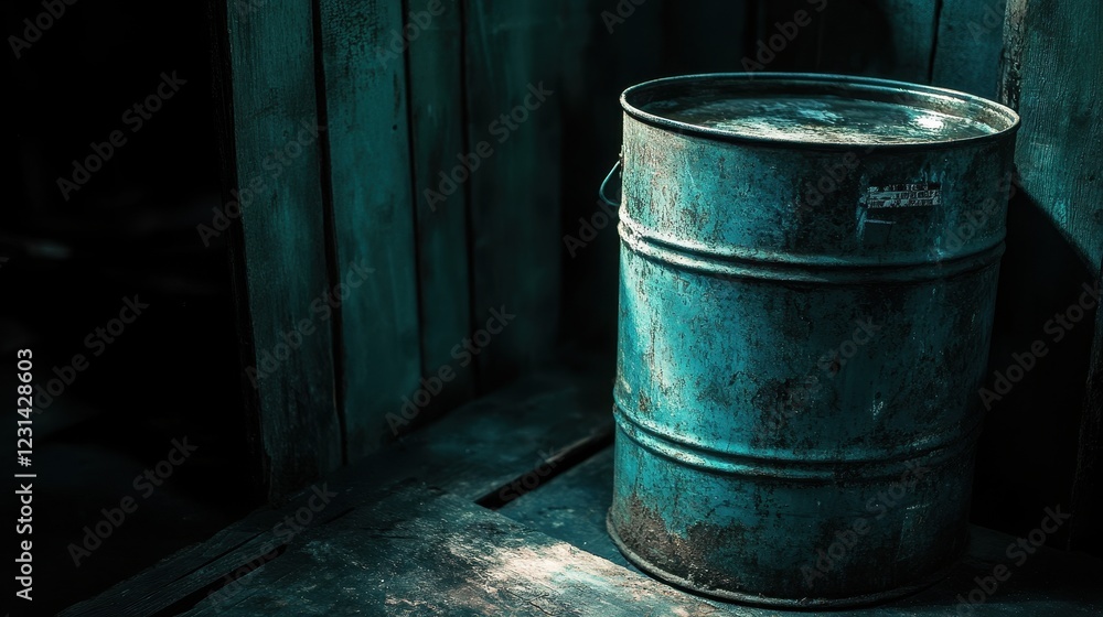 Rustic Metal Barrel with Weathered Texture in Dim Lighting Rustic Metal Barrel with Weathered Texture in Dim Lighting