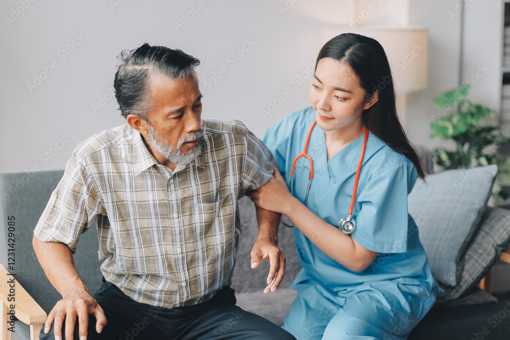 Speed Up Recovery From Injuries or Illness with Physical Therapy for Seniors. A female physiotherapist in-home care visit to massage muscle tension in the body or sprain Speed Up Recovery From Injuries or Illness with Physical Therapy for Seniors. A female physiotherapist in-home care visit to massage muscle tension in the body or sprain