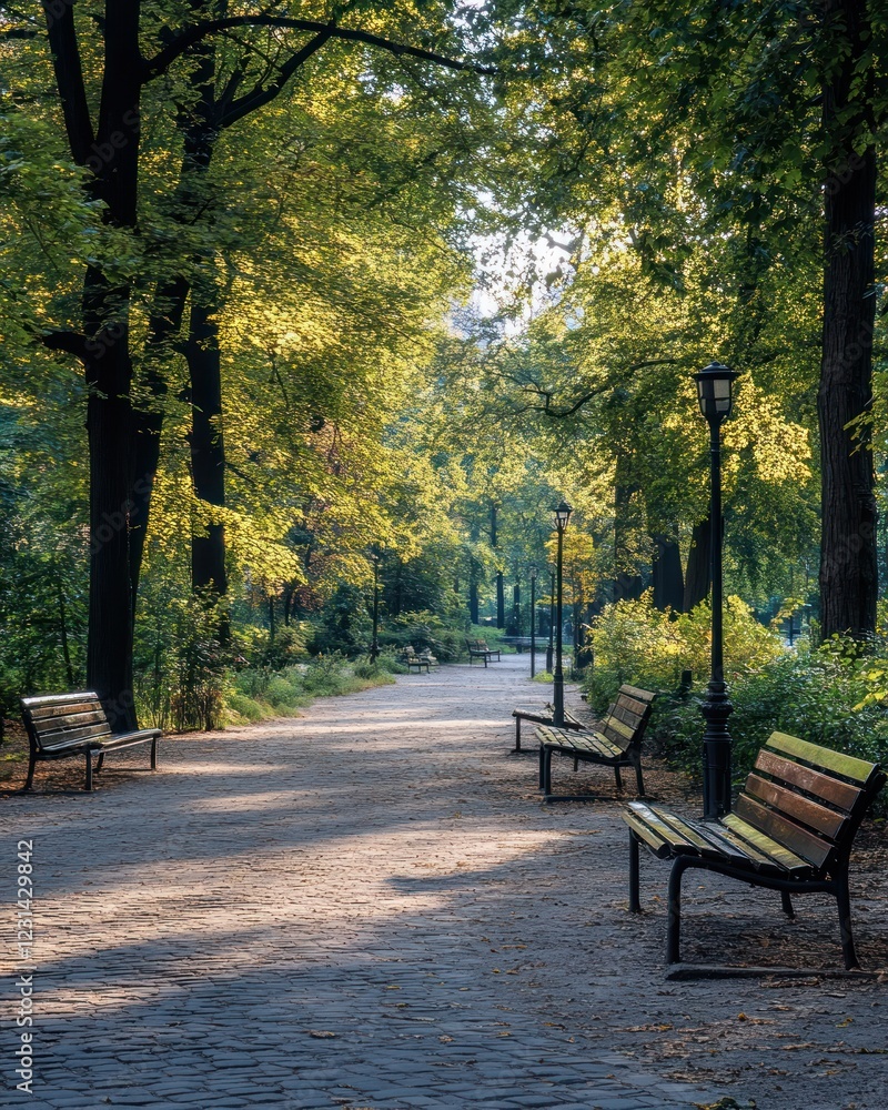 Sunlit park path with benches and trees. Sunlit park path with benches and trees.