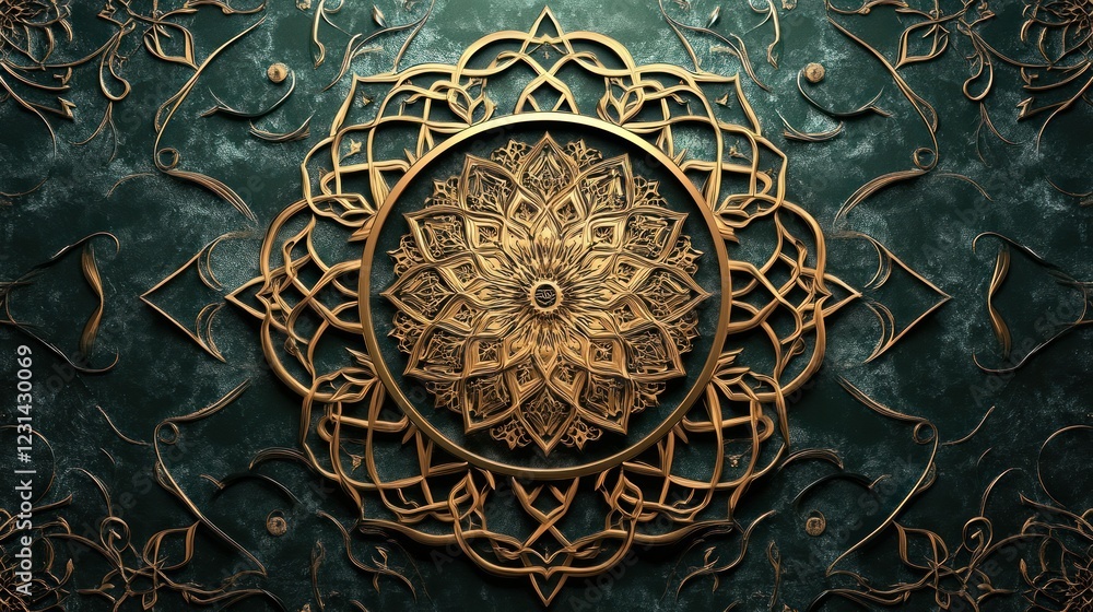 Gold mandala on teal marble, ornate background, design element Gold mandala on teal marble, ornate background, design element