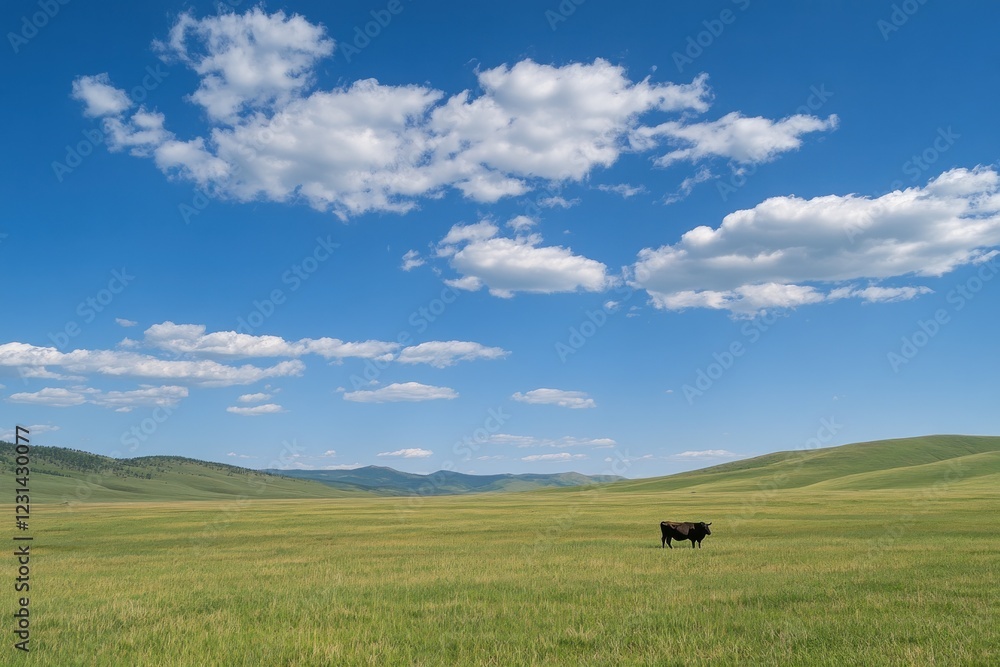 Lone bull grazes in vast green pasture under a bright blue sky with fluffy white clouds. Lone bull grazes in vast green pasture under a bright blue sky with fluffy white clouds.