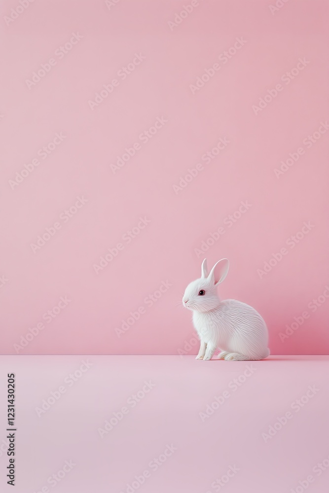 Obraz premium Soft white rabbit sits gracefully against pastel pink backdrop,