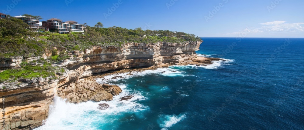 Fototapeta premium Stunning coastal cliffs with ocean waves crashing against the rocks, houses on top.
