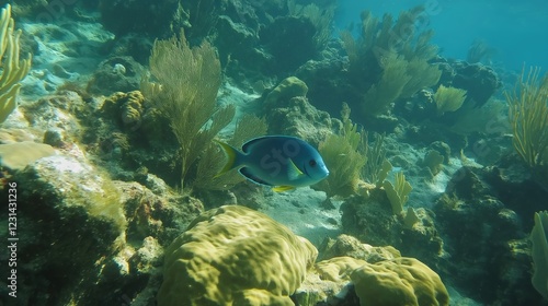 Blue Fish Near Vibrant Coral Reef in Turquoise Water