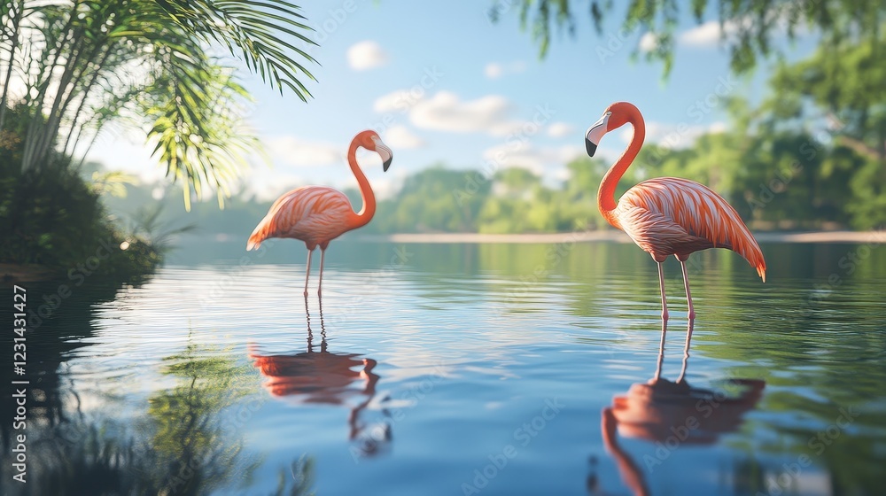 Fototapeta premium Tropical Flamingo Pair: Two elegant pink flamingos stand gracefully in a serene tropical lagoon, their reflections shimmering on the tranquil water. Palm trees sway gently in the background.