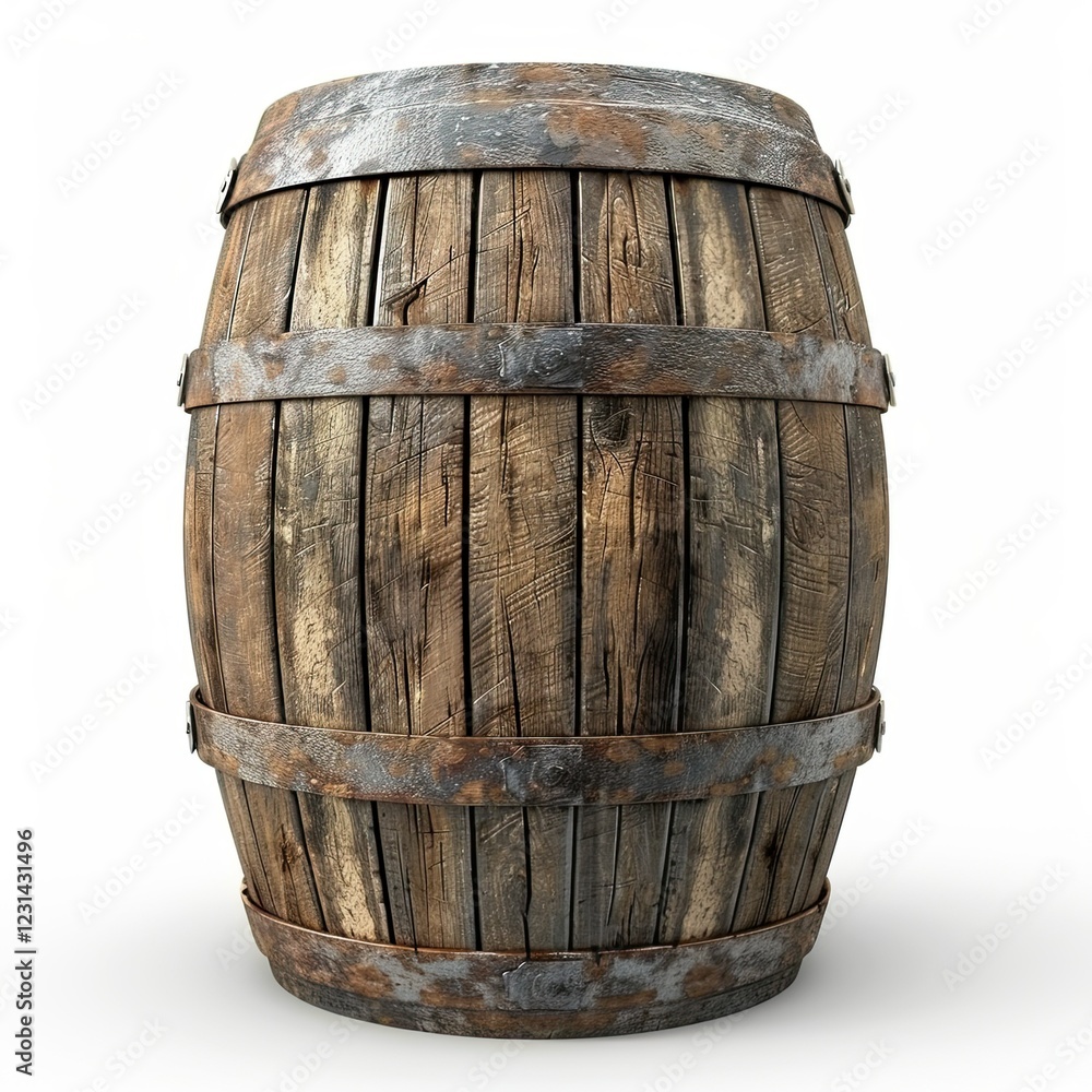 Obraz premium A rustic wooden barrel with metal bands, often used for aging beverages or storage. isolated on white background