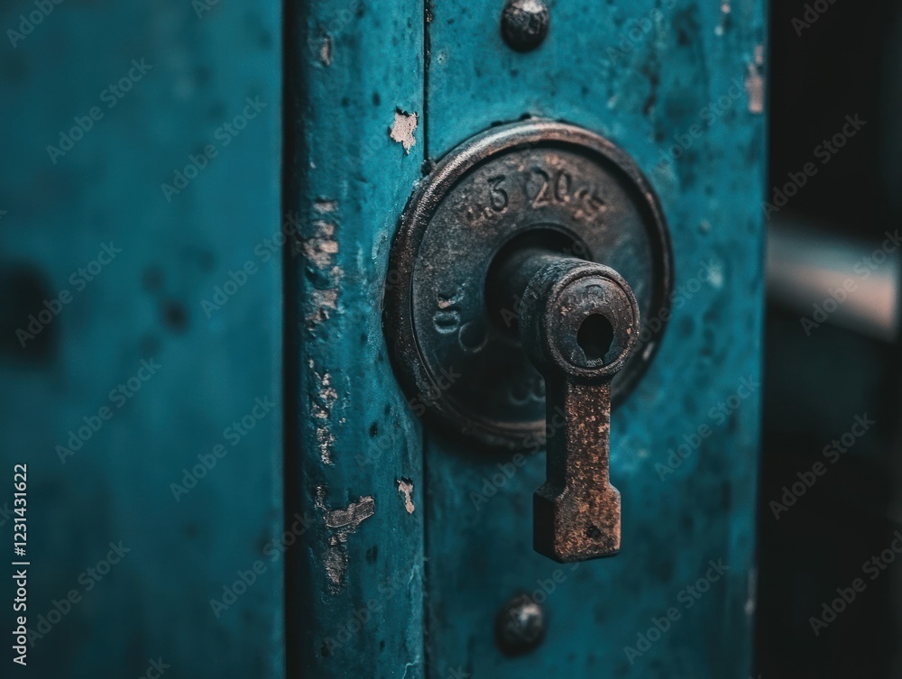 Close-up of a rusty, teal-colored industrial lever with weight markings. Close-up of a rusty, teal-colored industrial lever with weight markings.