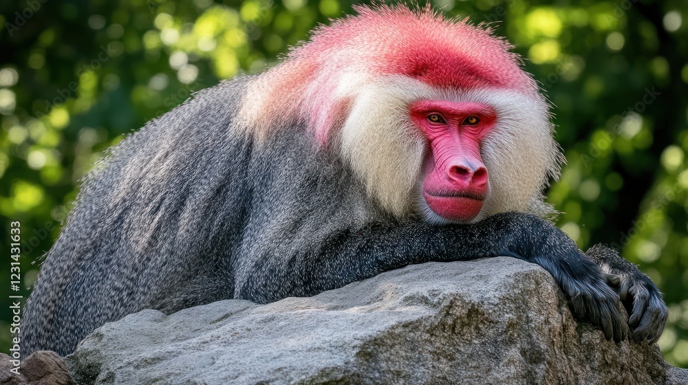 Fototapeta premium Pink-haired baboon resting on a rock, outdoors.