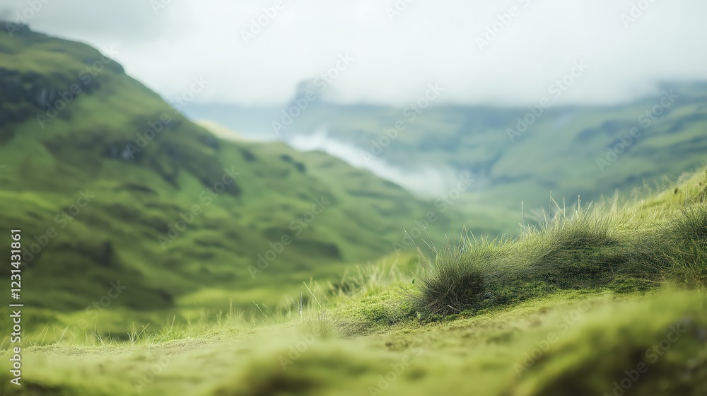 Fototapeta premium Serene Misty Green Hills Peaceful Tranquil Landscape Nature Scene