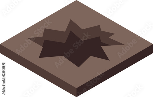 Isometric view of a square piece of earth showing a deep crater after bombing