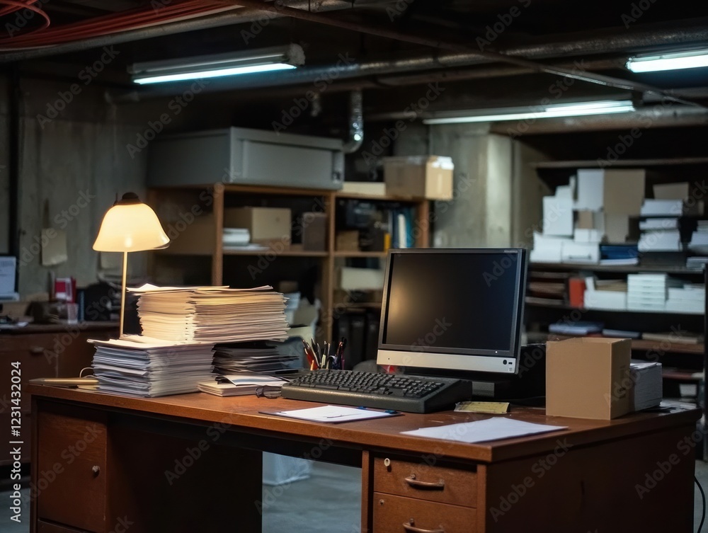 Dark basement office with desk, computer, stacked papers, and shelves filled with boxes and files. Dark basement office with desk, computer, stacked papers, and shelves filled with boxes and files.