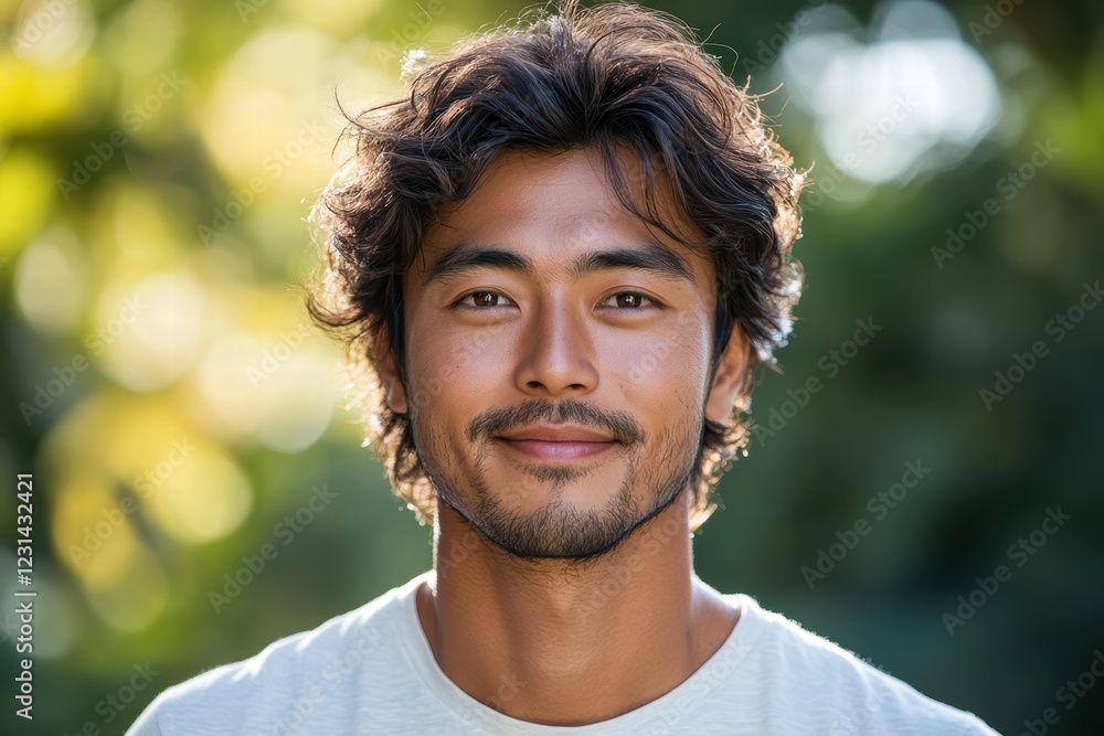 A relaxed portrait of a man with medium-length hair, wearing a t-shirt and smiling softly, with a natural outdoor background.