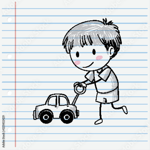 Child Playing with Toy Car Sketch