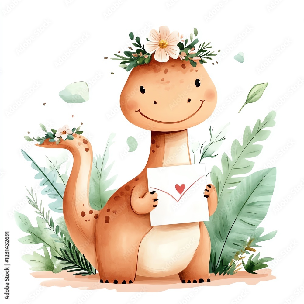 Naklejka premium Brontosaurus wearing a flower crown and carrying a love note, watercolor design, soft colors, isolated on white background.