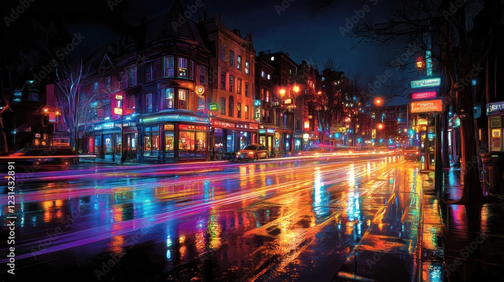 Fototapeta premium Rainy Night City Street, Vibrant Lights, Blurred Traffic, Urban Scene