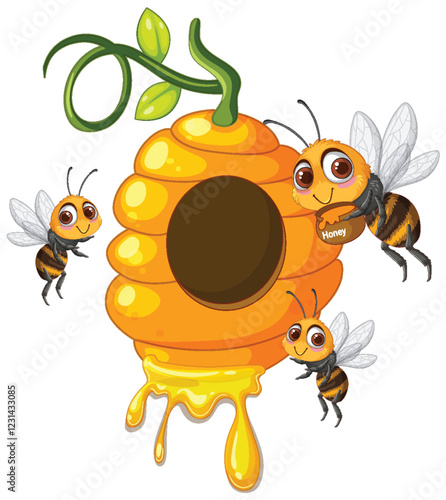 Cheerful Bees Around a Honeycomb