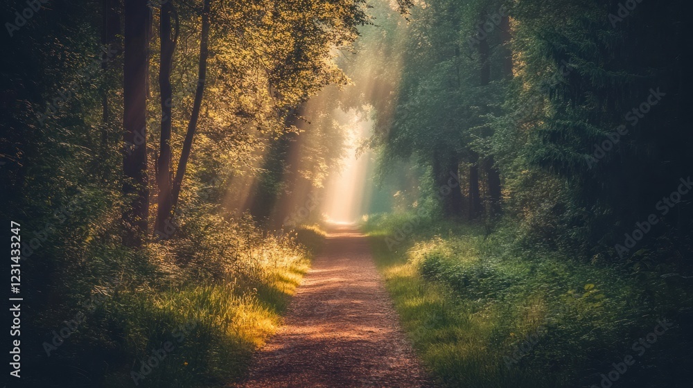 Fototapeta premium Sunlit path through a misty forest; sunlight streams through dense trees, creating a magical, mysterious atmosphere.