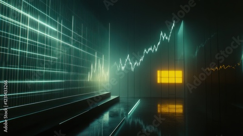 Abstract neon glowing lines forming financial graphs in dark room.