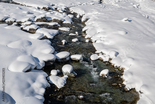 雪が積もった冬の川　清流　長野県白馬村 photo