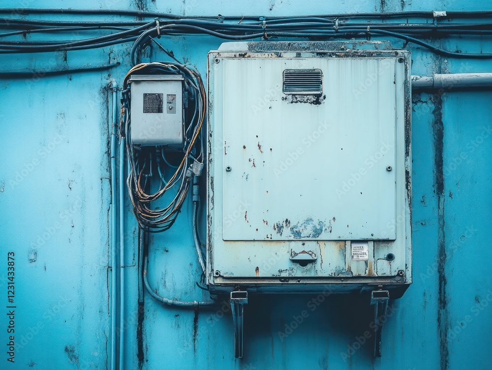 Weathered light blue electrical box and wires mounted on a textured wall. Weathered light blue electrical box and wires mounted on a textured wall.