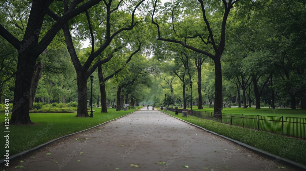 Tranquil Pathway Through Lush Green Park With Dappled Sunlight Tranquil Pathway Through Lush Green Park With Dappled Sunlight