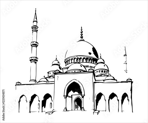 Illustration of mosque in Istanbul, Turkey. Hand drawn vector illustration.