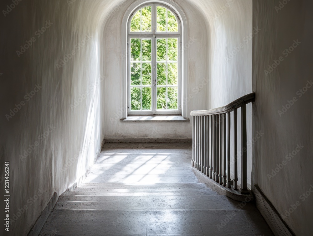 Fototapeta premium Sunlit hallway with arched window and wooden banister.