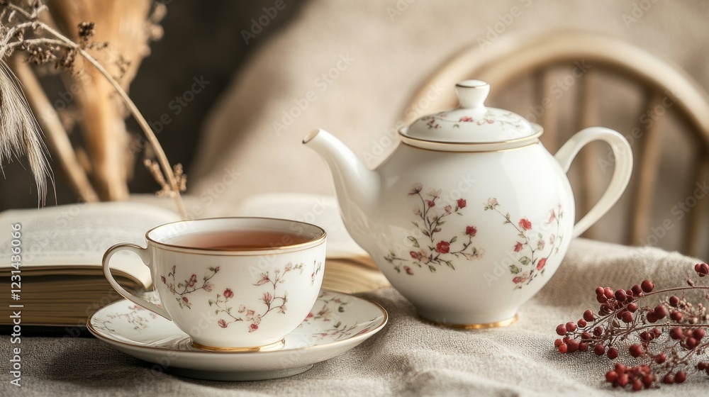 Teacup and teapot with floral pattern on linen fabric near book. Teacup and teapot with floral pattern on linen fabric near book.
