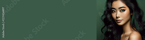 Wallpaper Mural A beautiful Asian woman with captivating eyes and long black curly hair on a green background on the right. Torontodigital.ca