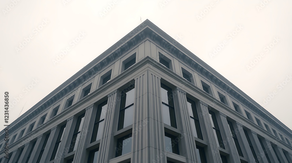 Fototapeta premium Modern architecture, imposing building, angular facade, gray stone exterior, symmetrical windows, low angle view, overcast sky, monochromatic palette, urban landscape, geometric patterns, institutiona