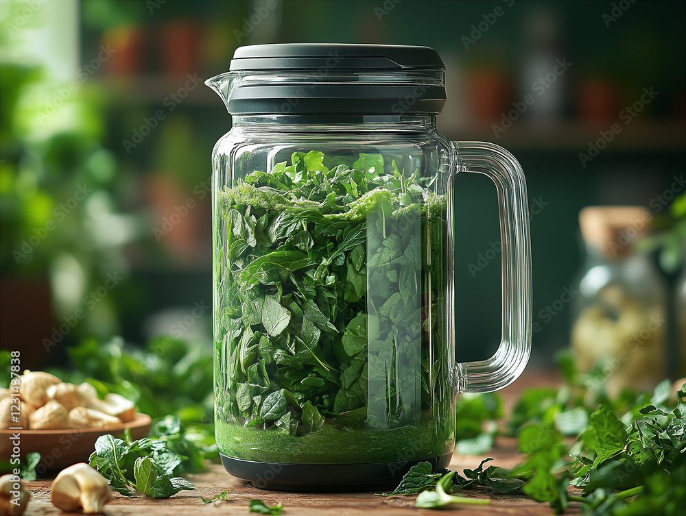 Drink photo: preparing an herbal smoothie in a blender. Drink photo: preparing an herbal smoothie in a blender.