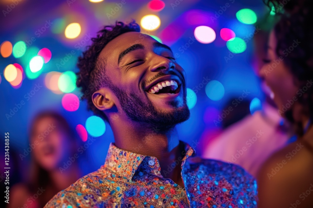 Man laughing at nightclub party, colorful lights Man laughing at nightclub party, colorful lights
