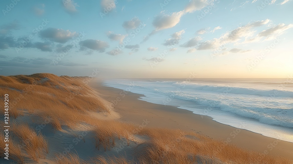 Serene Coastal Dunescape with Gentle Waves and Golden Grass Serene Coastal Dunescape with Gentle Waves and Golden Grass