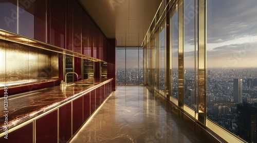 Wallpaper Mural A sleek penthouse kitchen with glossy wine-red cabinets, metallic gold tiles, and a marble countertop Torontodigital.ca