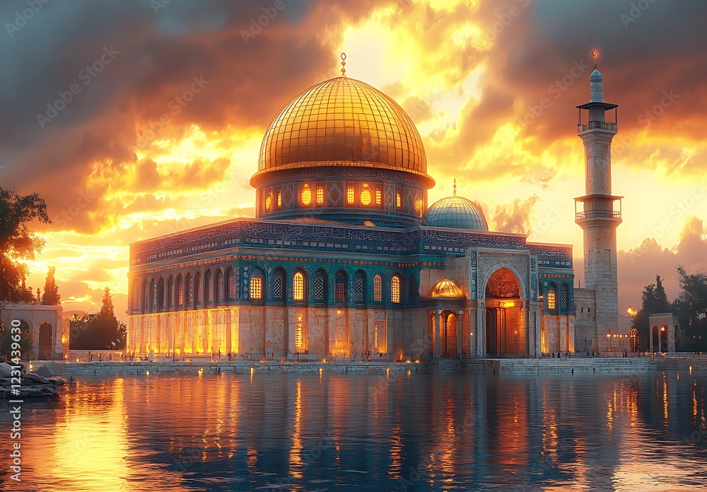 Obraz premium Dome of the Rock at Sunset, with Reflection on Water