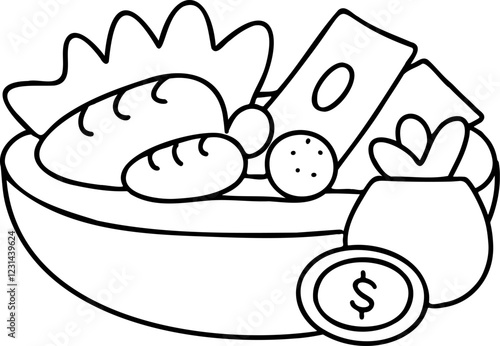 Health investment  and wellness returns. Bowl of food with coins and bills, representing wealth and abundance.