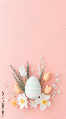 Minimalist vector artwork of blooming tulips and daffodils surrounding a single Easter egg, soft gradients