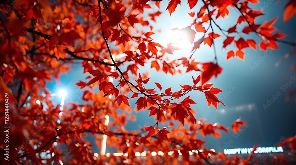autumn leaves, vibrant red foliage, sunburst through branches, blue sky, bokeh lights, city background, urban landscape, dramatic contrast, shallow depth of field, cinematic lighting, nostalgic atmosp autumn leaves, vibrant red foliage, sunburst through branches, blue sky, bokeh lights, city background, urban landscape, dramatic contrast, shallow depth of field, cinematic lighting, nostalgic atmosp
