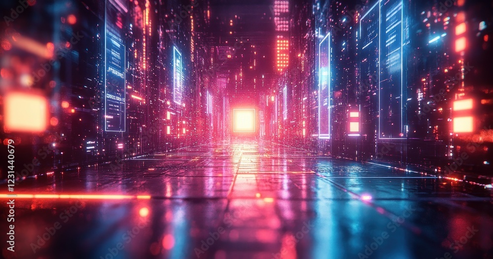 Fototapeta premium Futuristic Glass Structure Reflecting Neon Lights Minimalistic Design