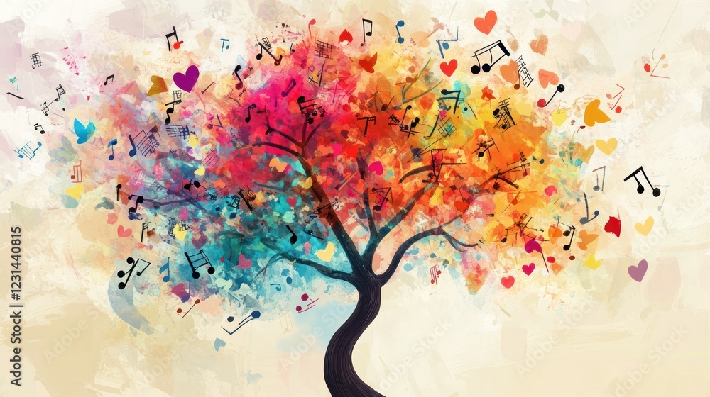 Fototapeta premium Vibrant Melodies: A Watercolor Tree of Music and Love