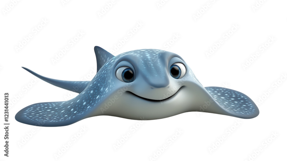 Cartoon stingray with big eyes swimming in an animated underwater world full of vibrant colors and cheerful marine life