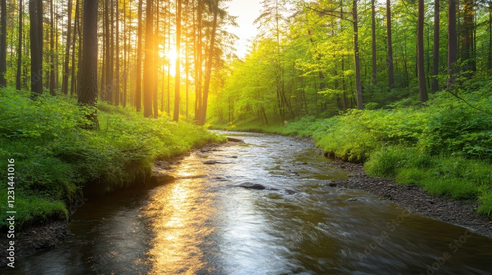 Fototapeta premium Lush forest stream, tranquil water flowing through green trees and bushes in natural landscape