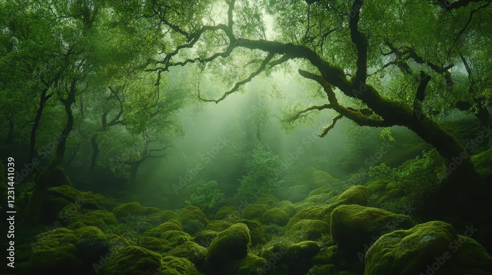 Obraz premium Immerse yourself in the tranquil beauty of a lush green forest, breathtaking nature escape