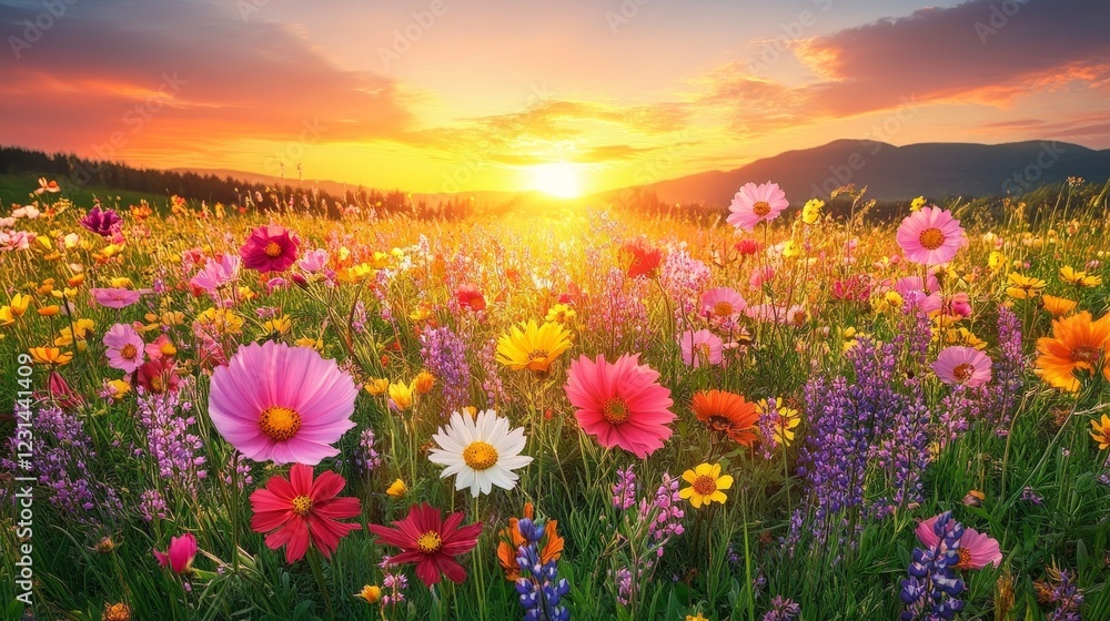 Obraz premium Vibrant wildflowers bathed in the golden light of a breathtaking sunset