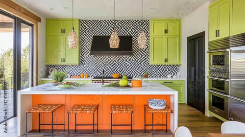 A stylish and eclectic kitchen with lime green cabinets, geometric black-and-white backsplash tiles, and a bright orange island
