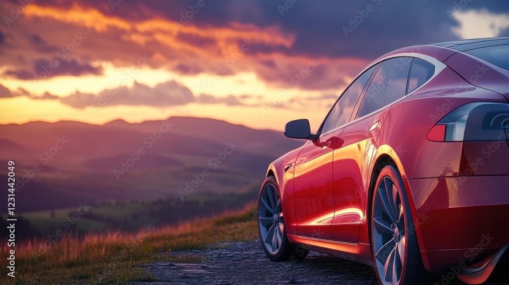 Naklejka premium Red car parked on scenic hillside during sunset with clouds